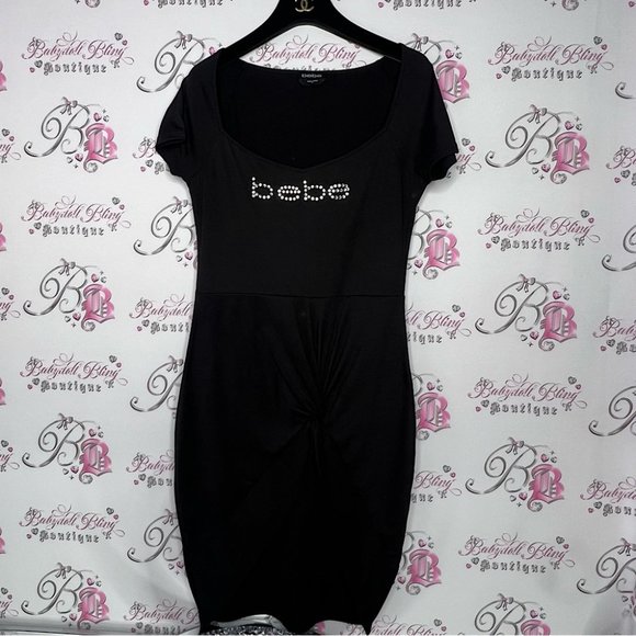 bebe Dresses & Skirts - Bebe dress twist tie front tshirt black bling rhinestone Swarovski crystals y2k